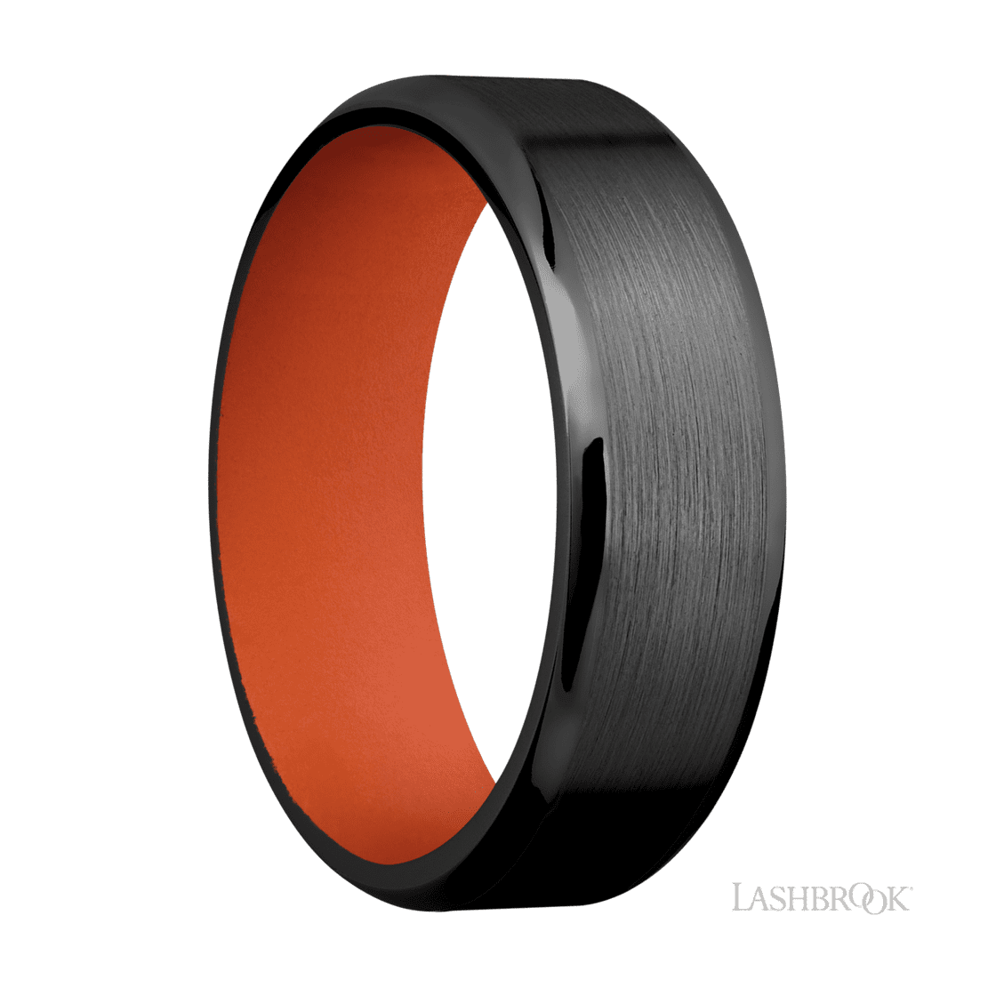 7 mm wide Beveled Zirconium band featuring a Hunter Orange sleeve.-Wedding Band-Lashbrook Designs-I don' know or see my size-hurdles-jewelry-boulder-colorado