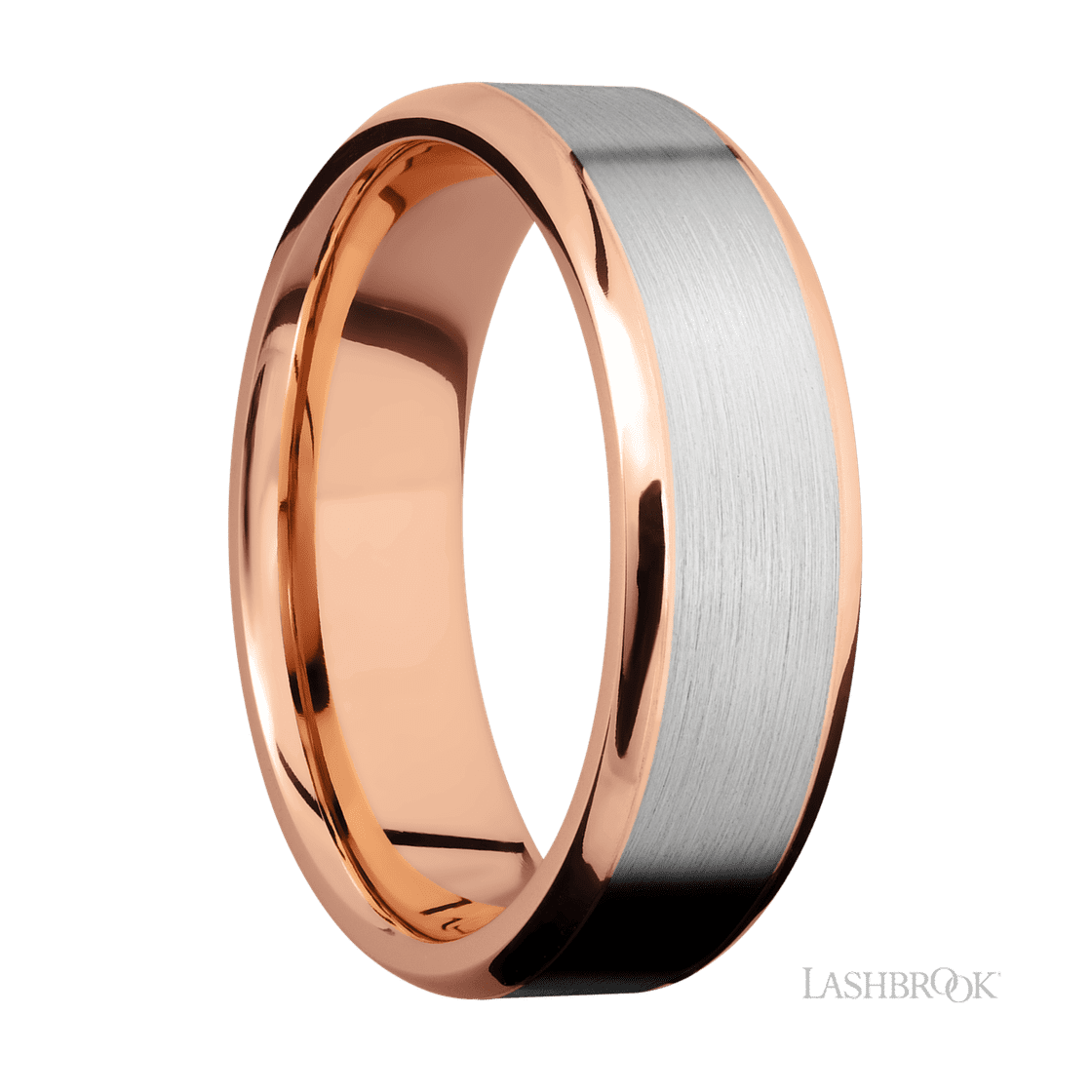 7 mm wide/Beveled/14K Rose Gold band with one 5 mm Centered inlay of 14K White Gold.-Wedding Band-Lashbrook Designs-I don' know or see my size-hurdles-jewelry-boulder-colorado