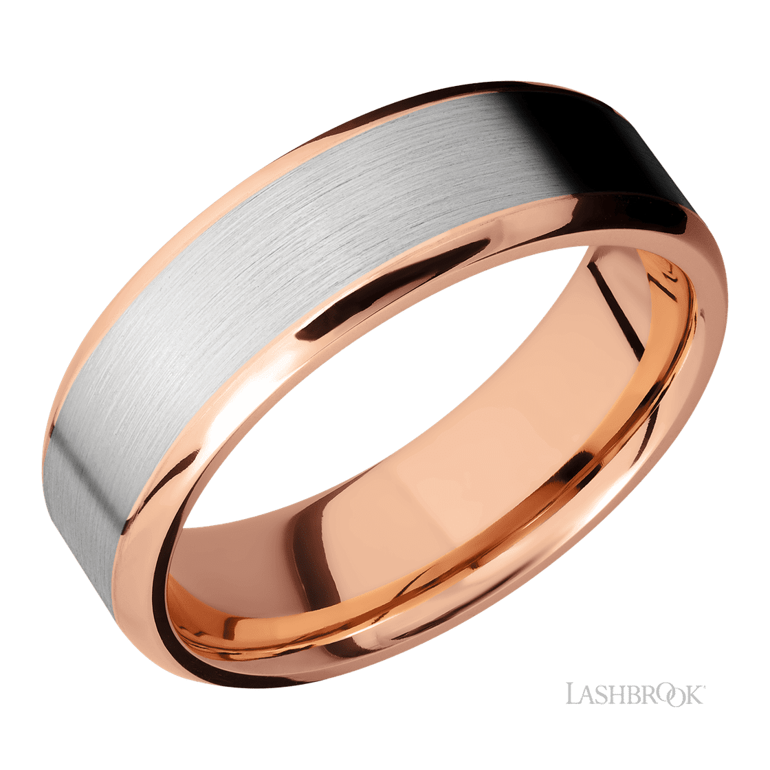 7 mm wide/Beveled/14K Rose Gold band with one 5 mm Centered inlay of 14K White Gold.-Wedding Band-Lashbrook Designs-I don' know or see my size-hurdles-jewelry-boulder-colorado