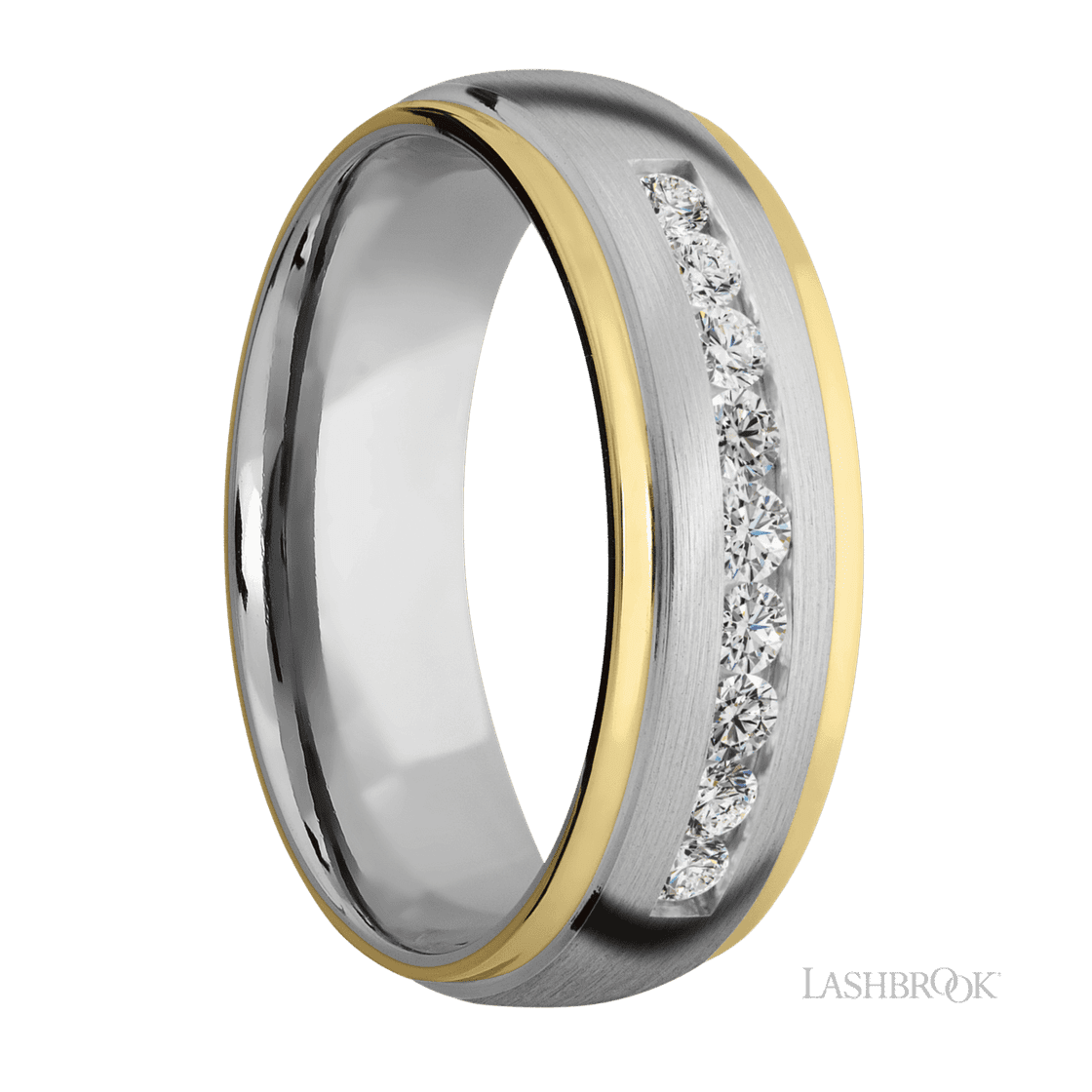7 mm wide/Domed Stepped Down Edges/Cobalt Chrome band with two 1 mm Edge inlays of 14K Yellow Gold and featuring an arrangement of 9, .05 carat Round Diamond stones in a Channel setting-Wedding Band-Lashbrook Designs-I don' know or see my size-hurdles-jewelry-boulder-colorado