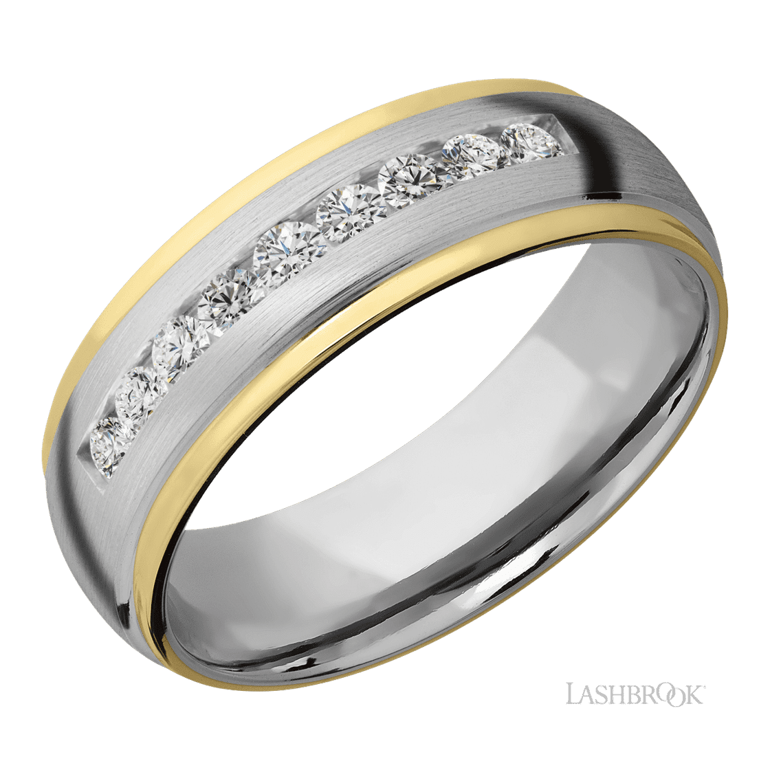 7 mm wide/Domed Stepped Down Edges/Cobalt Chrome band with two 1 mm Edge inlays of 14K Yellow Gold and featuring an arrangement of 9, .05 carat Round Diamond stones in a Channel setting-Wedding Band-Lashbrook Designs-I don' know or see my size-hurdles-jewelry-boulder-colorado