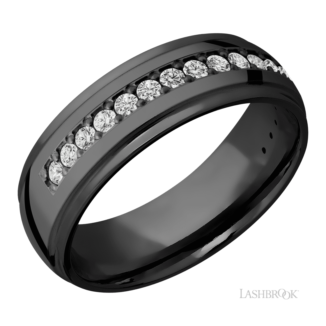 7 mm wide/Domed Stepped Down Edges/Zirconium band with a Half Eternity arrangement of .03 carat Round Diamond stones in a Bead setting.-Wedding Band-Lashbrook Designs-I don' know or see my size-hurdles-jewelry-boulder-colorado