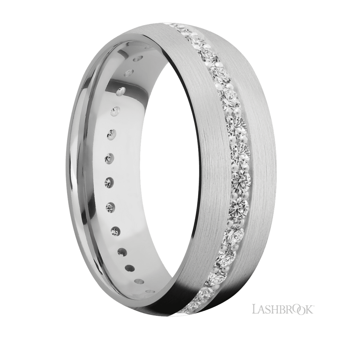 7 mm wide/Domed/14K White Gold band with an Eternity arrangement of .03 carat Round Diamond stones in a Bead Channel setting.-Wedding Band-Lashbrook Designs-I don' know or see my size-hurdles-jewelry-boulder-colorado