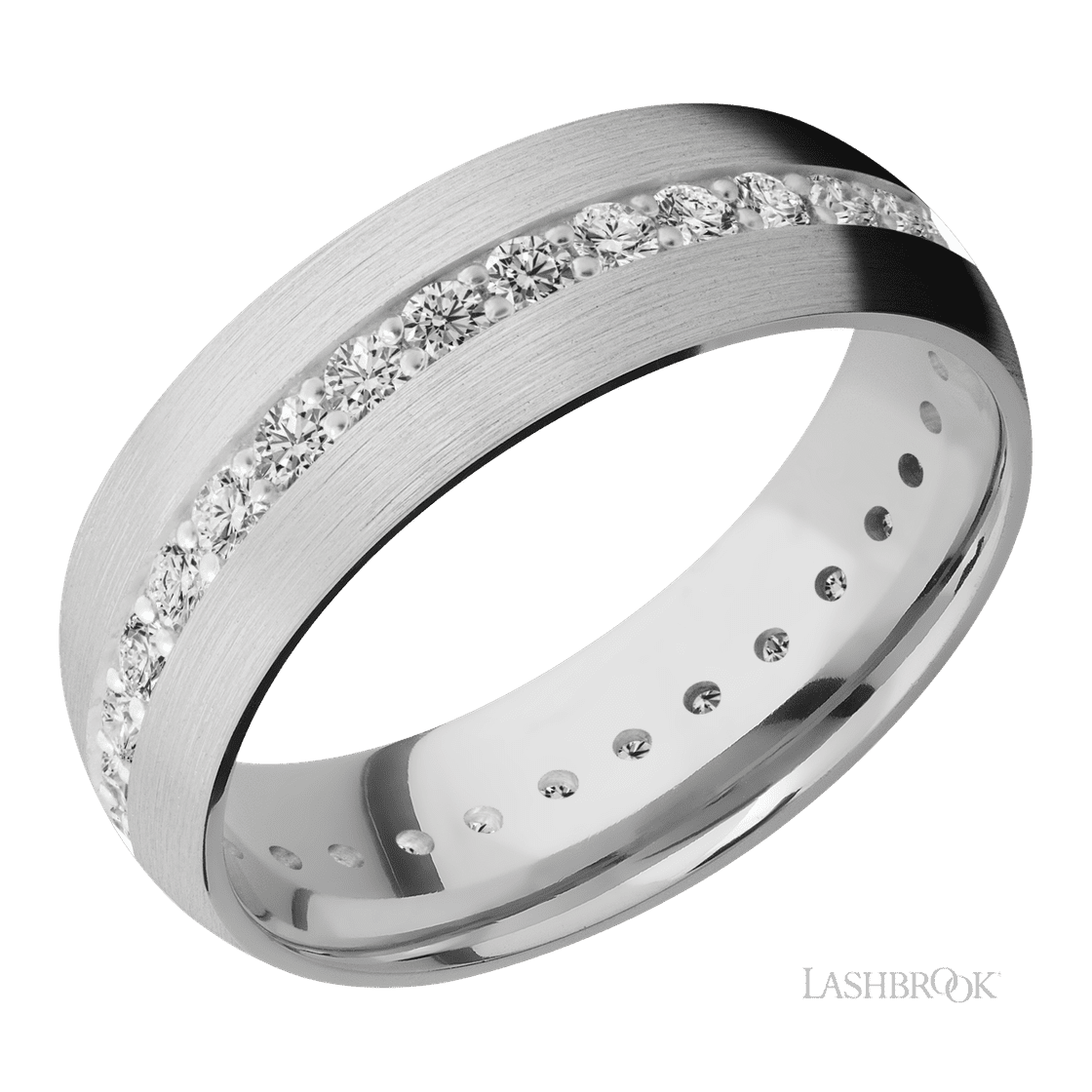 7 mm wide/Domed/14K White Gold band with an Eternity arrangement of .03 carat Round Diamond stones in a Bead Channel setting.-Wedding Band-Lashbrook Designs-I don' know or see my size-hurdles-jewelry-boulder-colorado