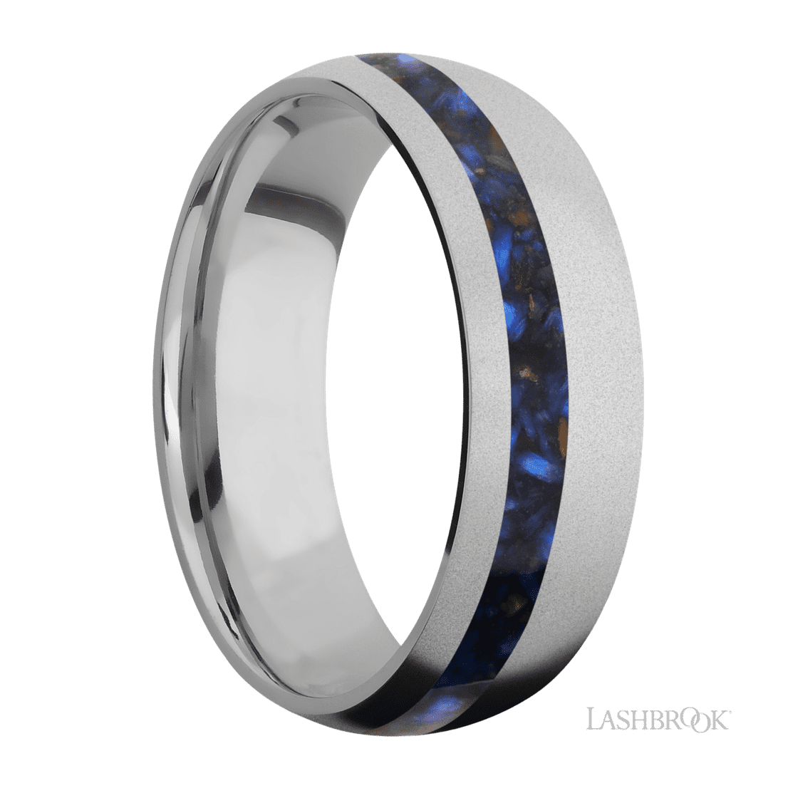 7 mm wide/Domed/Titanium band with one 2 mm Off Center inlay of Blue Tiger Eye.-Wedding Band-Lashbrook Designs-I don' know or see my size-hurdles-jewelry-boulder-colorado