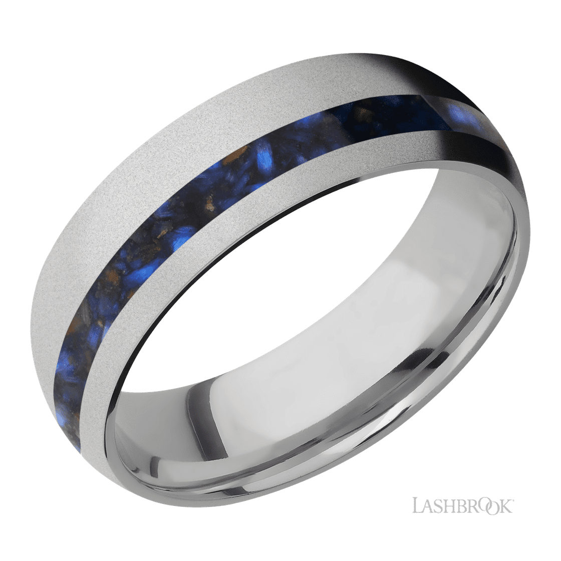 7 mm wide/Domed/Titanium band with one 2 mm Off Center inlay of Blue Tiger Eye.-Wedding Band-Lashbrook Designs-I don' know or see my size-hurdles-jewelry-boulder-colorado
