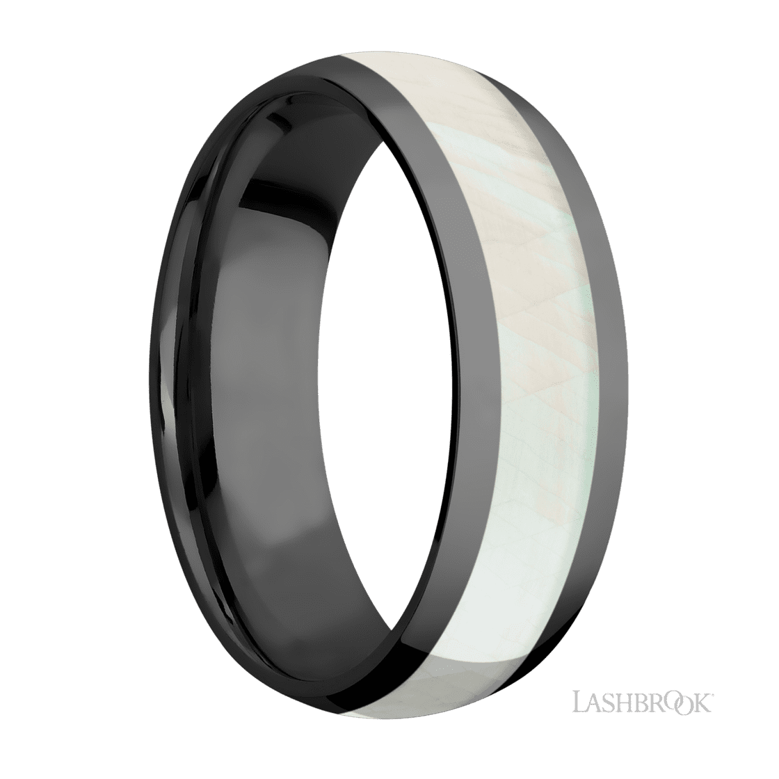 7 mm wide/Domed/Zirconium band with one 4 mm Centered inlay of Freshwater Mother of Pearl.-Wedding Band-Lashbrook Designs-I don' know or see my size-hurdles-jewelry-boulder-colorado