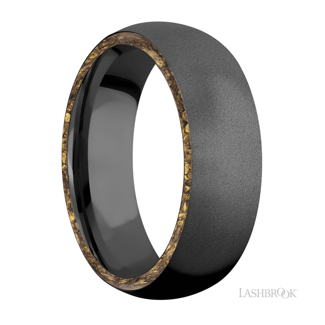 7 mm wide/Domed/Zirconium band with two 1 mm Side inlays of Alaskan Gold Nugget.-Wedding Band-Lashbrook Designs-I don' know or see my size-hurdles-jewelry-boulder-colorado