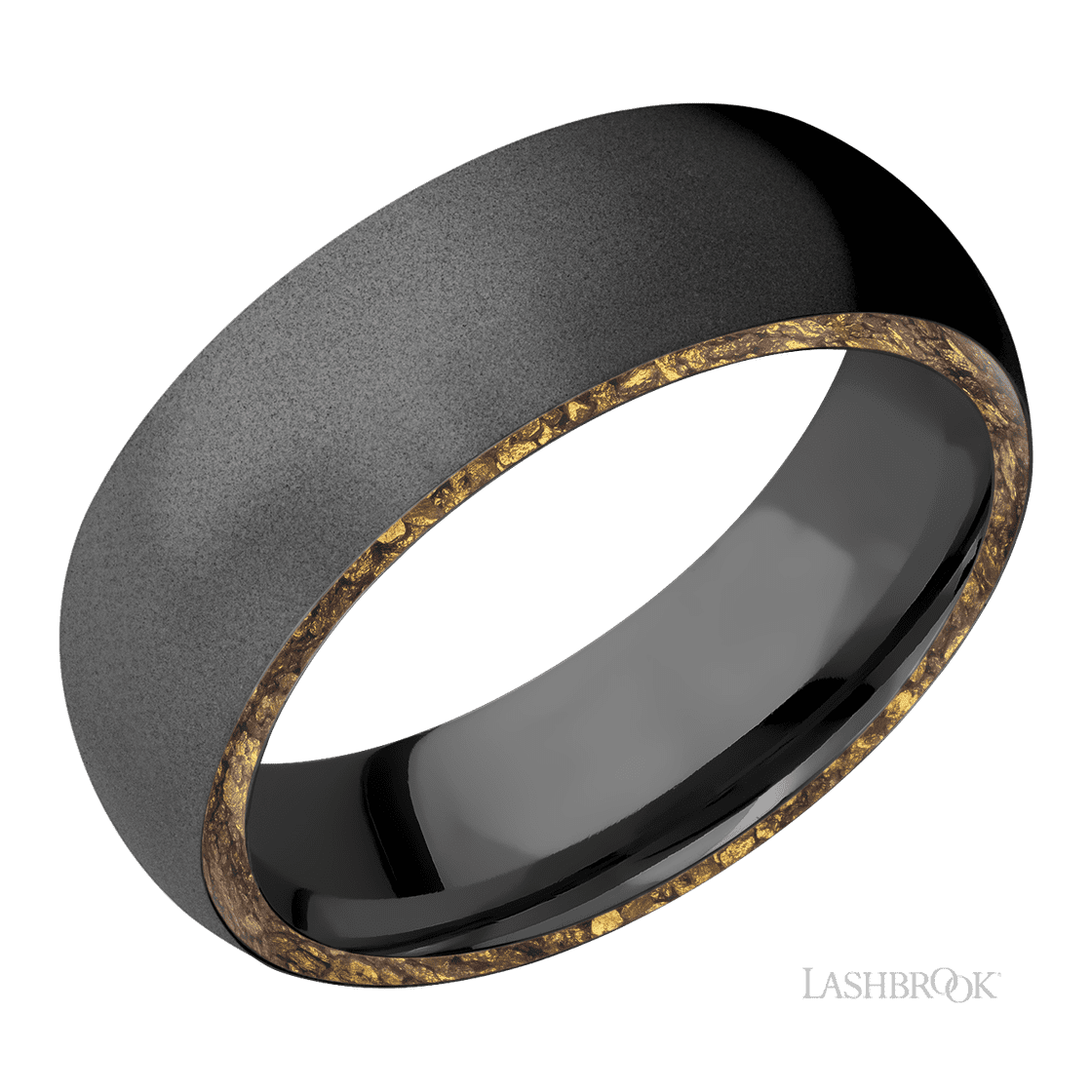 7 mm wide/Domed/Zirconium band with two 1 mm Side inlays of Alaskan Gold Nugget.-Wedding Band-Lashbrook Designs-I don' know or see my size-hurdles-jewelry-boulder-colorado