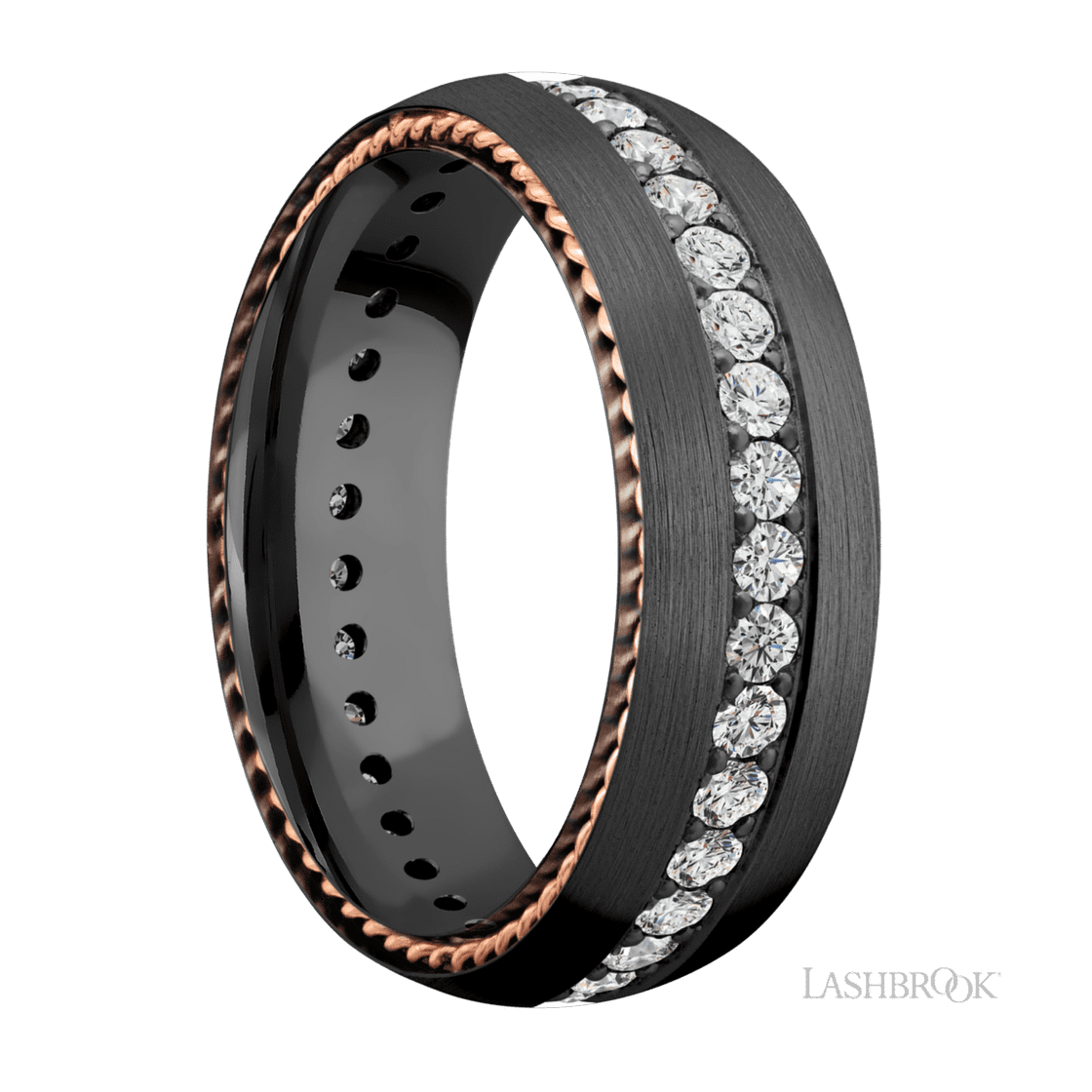 7 mm wide/Domed/Zirconium band with two 1 mm Sidebraid inlays of 14K Rose Gold and featuring an Eternity arrangement of .03 carat Round Lab Grown Diamond stones in a Bead setting-Wedding Band-Lashbrook Designs-I don' know or see my size-hurdles-jewelry-boulder-colorado
