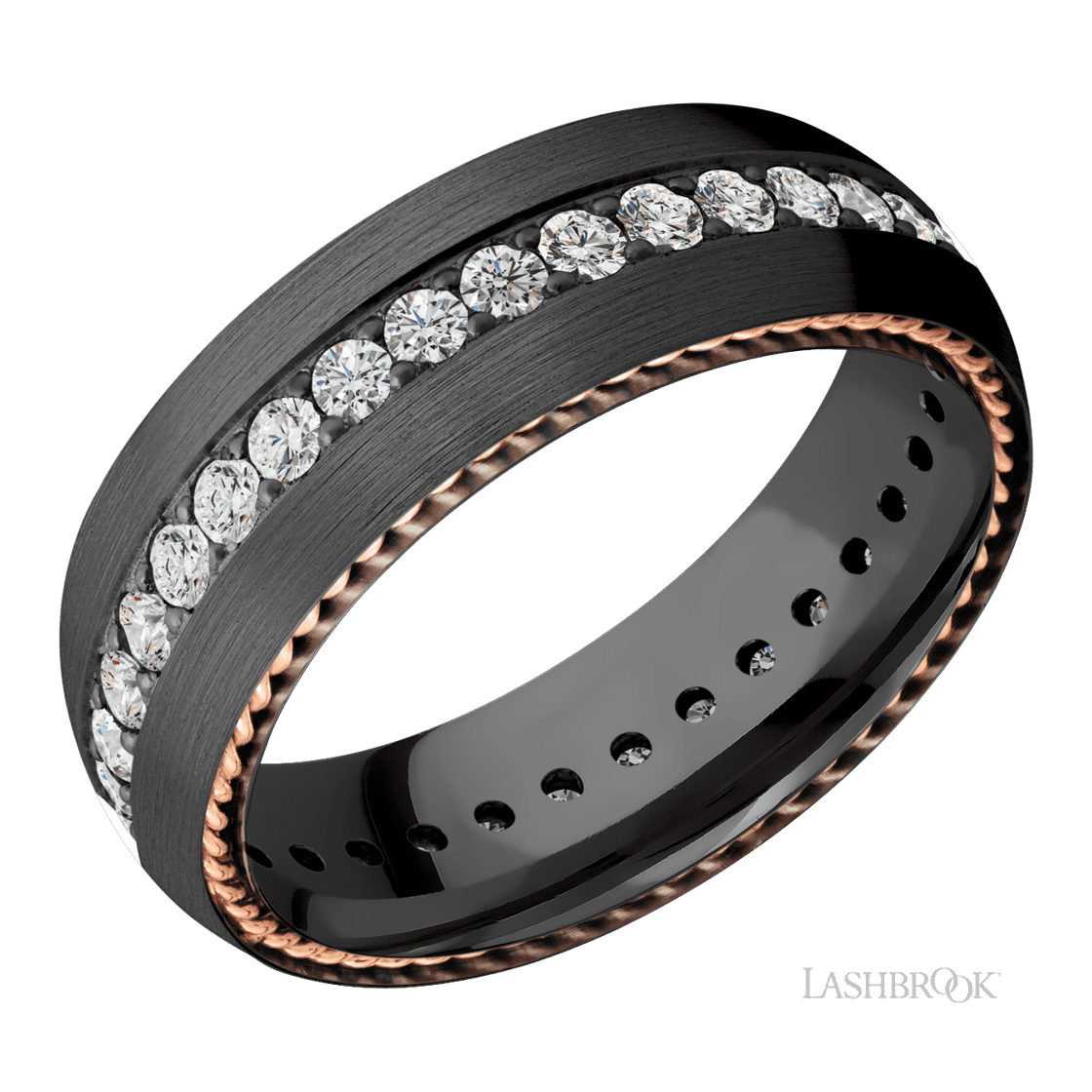 7 mm wide/Domed/Zirconium band with two 1 mm Sidebraid inlays of 14K Rose Gold and featuring an Eternity arrangement of .03 carat Round Lab Grown Diamond stones in a Bead setting-Wedding Band-Lashbrook Designs-I don' know or see my size-hurdles-jewelry-boulder-colorado