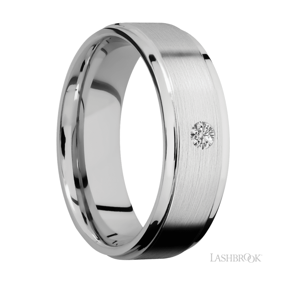 7 mm wide/Flat Grooved Edges/14K White Gold band with an arrangement of 1, .1 carat Round Diamond stones in a Flush setting.-Wedding Band-Lashbrook Designs-I don' know or see my size-hurdles-jewelry-boulder-colorado