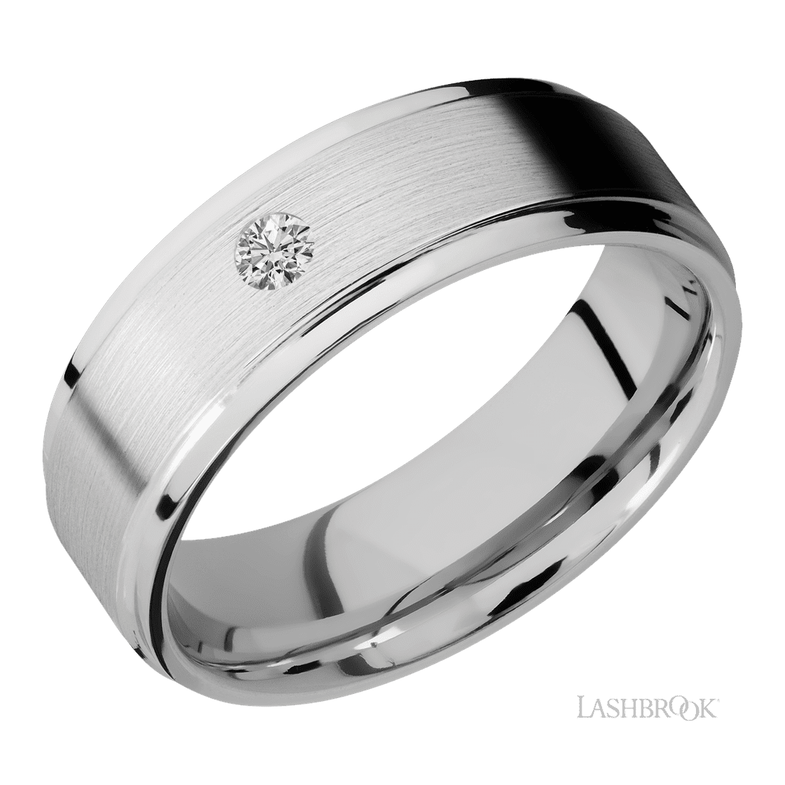 7 mm wide/Flat Grooved Edges/14K White Gold band with an arrangement of 1, .1 carat Round Diamond stones in a Flush setting.-Wedding Band-Lashbrook Designs-I don' know or see my size-hurdles-jewelry-boulder-colorado