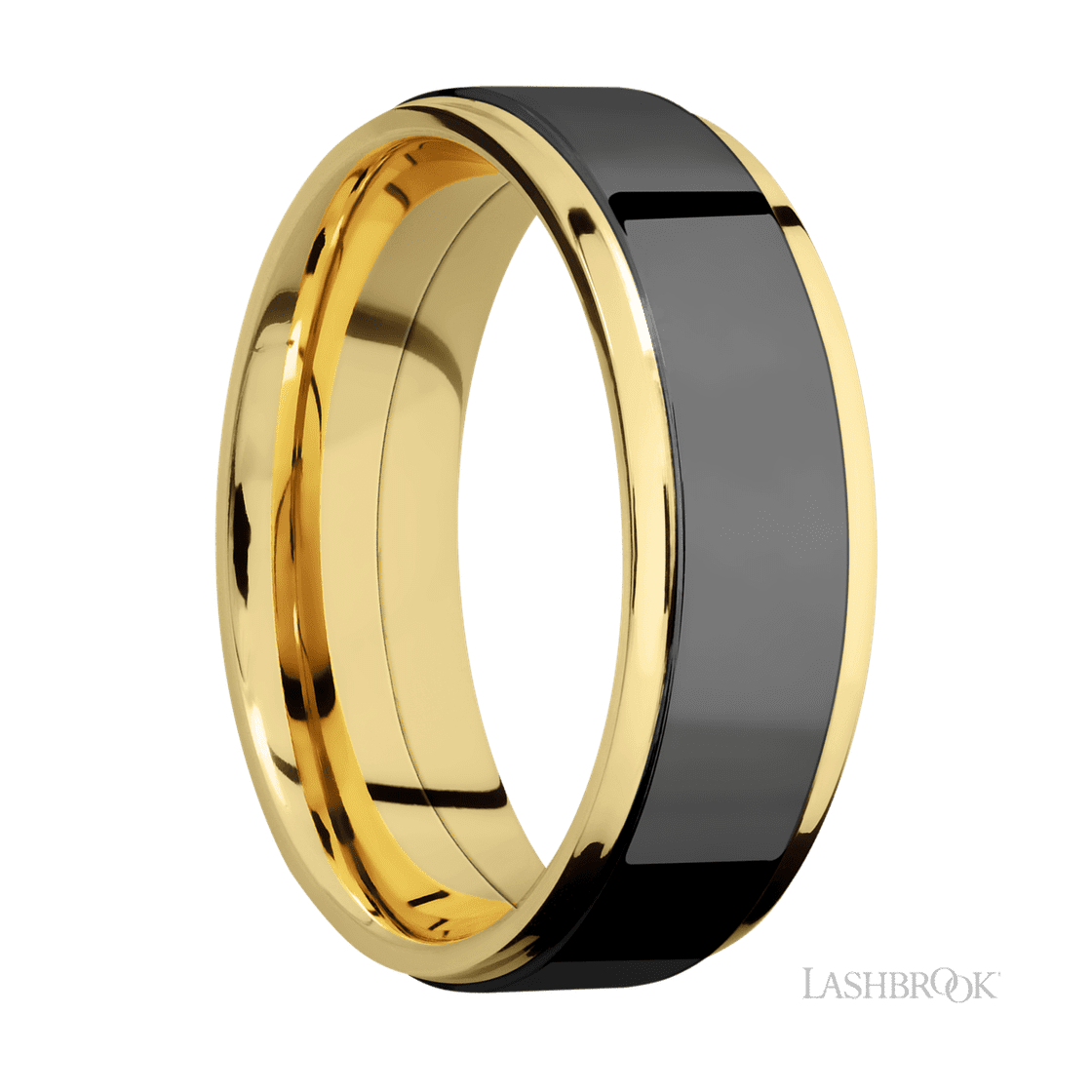 7 mm wide/Flat Grooved Edges/14K Yellow Gold band with one 5 mm Raised Centered inlay of Zirconium.-Wedding Band-Lashbrook Designs-I don' know or see my size-hurdles-jewelry-boulder-colorado