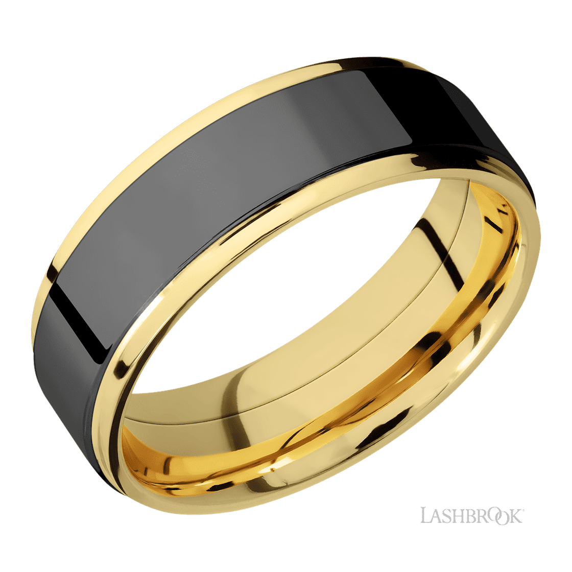 7 mm wide/Flat Grooved Edges/14K Yellow Gold band with one 5 mm Raised Centered inlay of Zirconium.-Wedding Band-Lashbrook Designs-I don' know or see my size-hurdles-jewelry-boulder-colorado