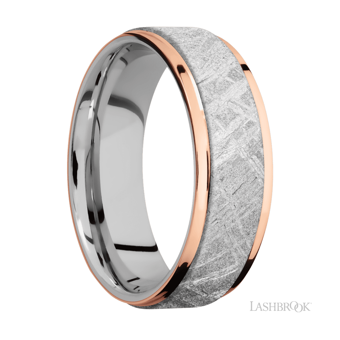 7 mm wide/Flat Grooved Edges/Cobalt Chrome band featuring inlays of Meteorite and 14K Rose Gold.-Wedding Band-Lashbrook Designs-I don' know or see my size-hurdles-jewelry-boulder-colorado