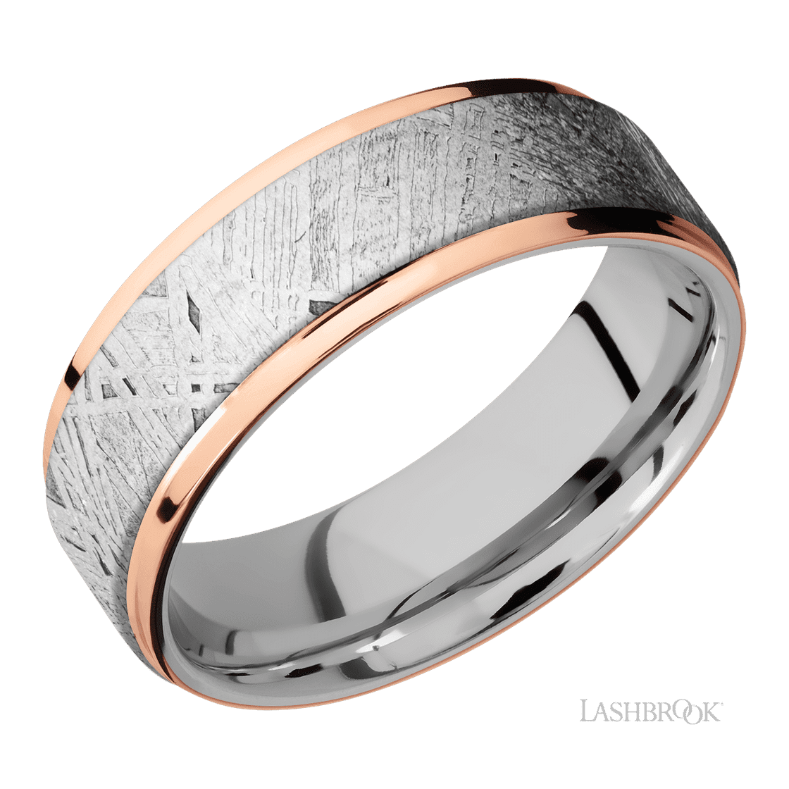 7 mm wide/Flat Grooved Edges/Cobalt Chrome band featuring inlays of Meteorite and 14K Rose Gold.-Wedding Band-Lashbrook Designs-I don' know or see my size-hurdles-jewelry-boulder-colorado