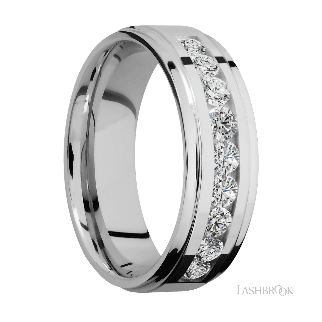 7 mm wide/Flat Grooved Edges/Cobalt Chrome band with an arrangement of 9, .1 carat Round Diamond stones in a Channel setting.-Wedding Band-Lashbrook Designs-I don' know or see my size-hurdles-jewelry-boulder-colorado