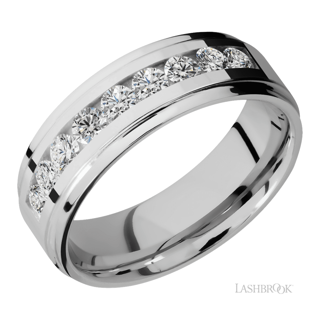7 mm wide/Flat Grooved Edges/Cobalt Chrome band with an arrangement of 9, .1 carat Round Diamond stones in a Channel setting.-Wedding Band-Lashbrook Designs-I don' know or see my size-hurdles-jewelry-boulder-colorado