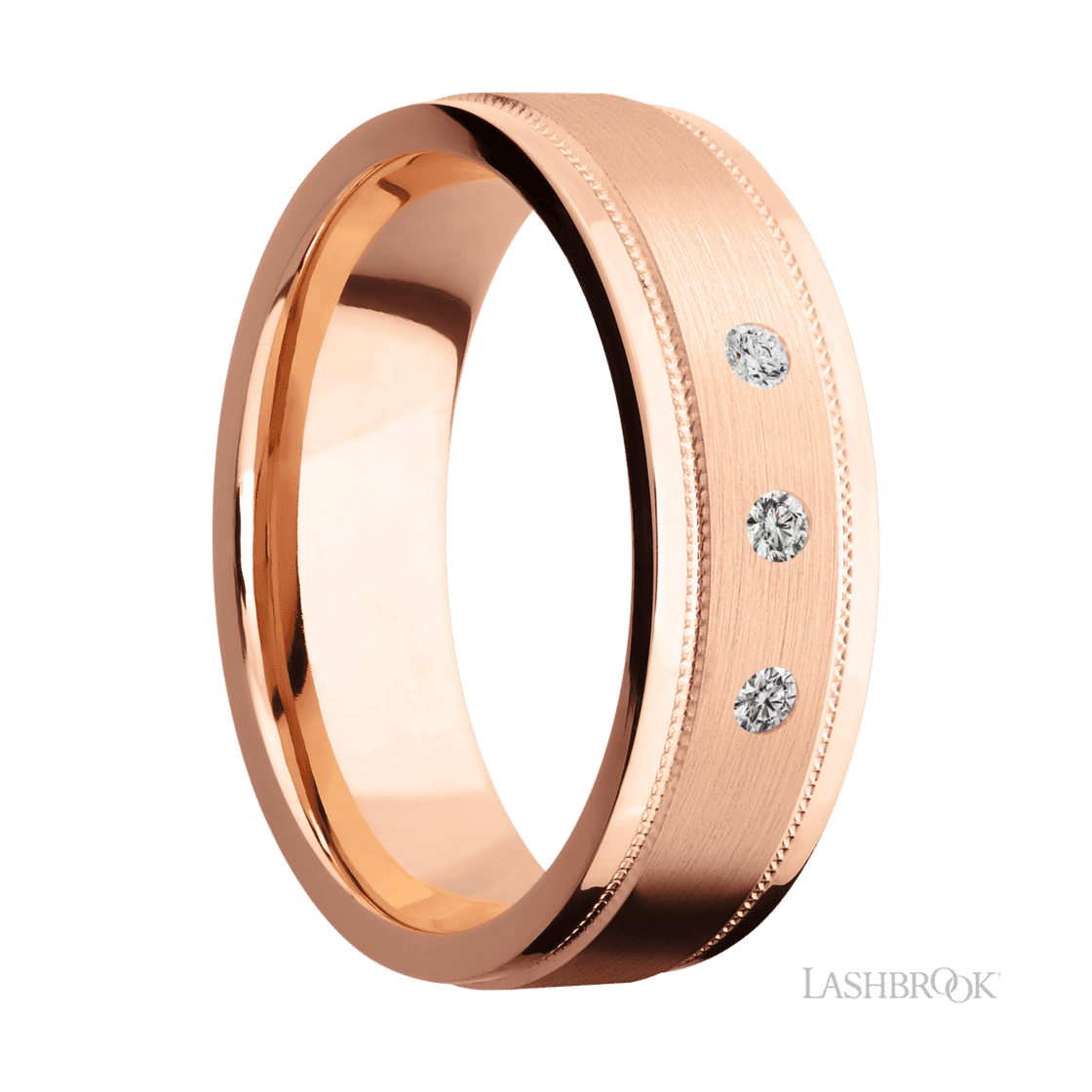7 mm wide/Flat Stepped Edges Milgrain/14K Rose Gold band with an arrangement of 3, .03 carat Round Diamond stones in a Flush setting.-Wedding Band-Lashbrook Designs-I don' know or see my size-hurdles-jewelry-boulder-colorado