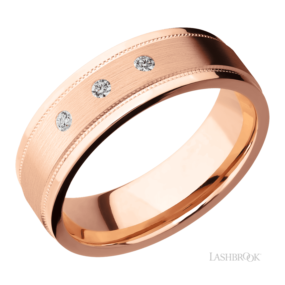 7 mm wide/Flat Stepped Edges Milgrain/14K Rose Gold band with an arrangement of 3, .03 carat Round Diamond stones in a Flush setting.-Wedding Band-Lashbrook Designs-I don' know or see my size-hurdles-jewelry-boulder-colorado