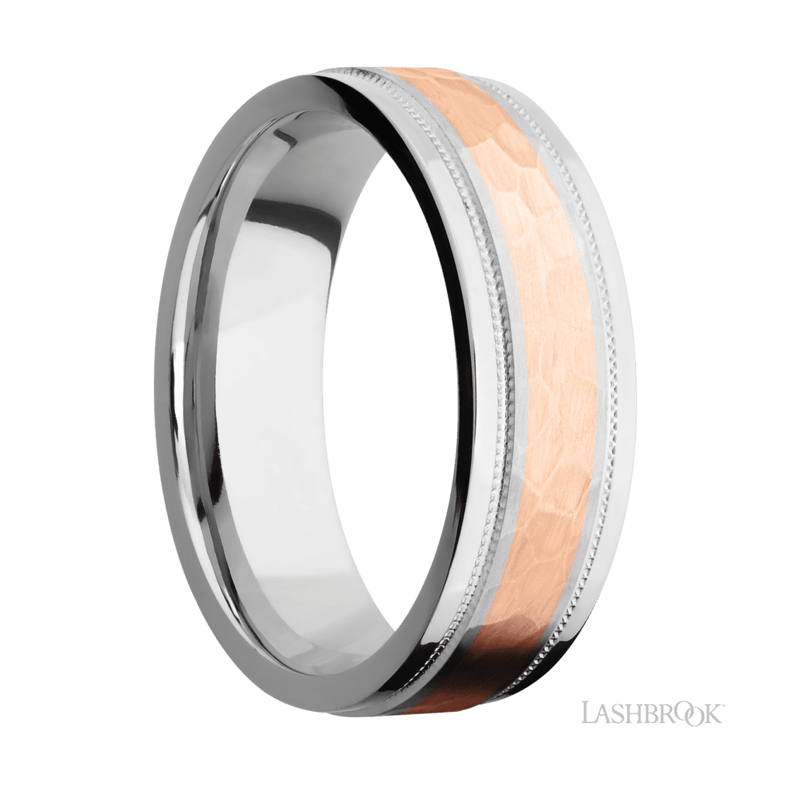 7 mm wide/Flat Stepped Edges Milgrain/Cobalt Chrome band with one 3 mm Centered inlay of 14K Rose Gold.-Wedding Band-Lashbrook Designs-I don' know or see my size-hurdles-jewelry-boulder-colorado