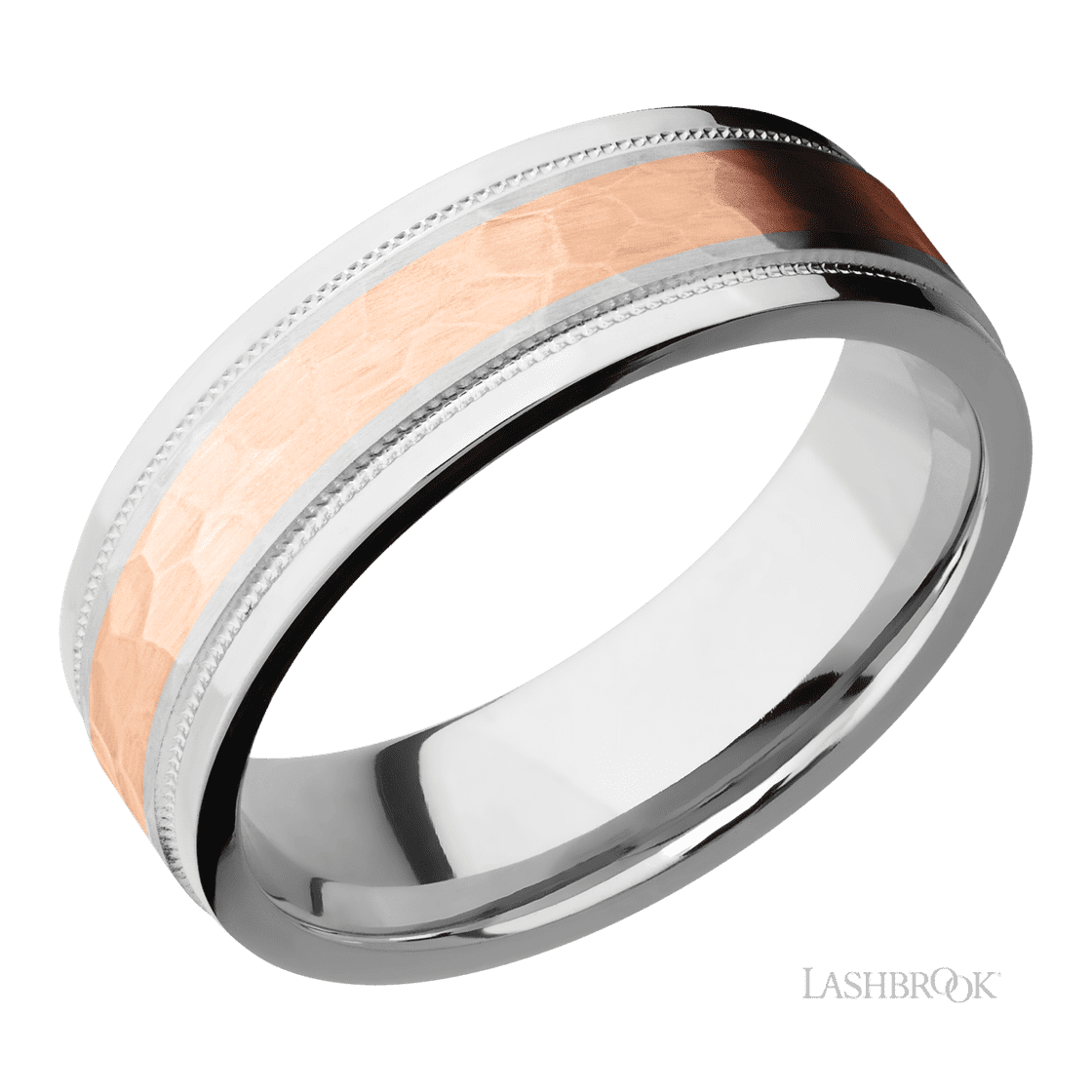 7 mm wide/Flat Stepped Edges Milgrain/Cobalt Chrome band with one 3 mm Centered inlay of 14K Rose Gold.-Wedding Band-Lashbrook Designs-I don' know or see my size-hurdles-jewelry-boulder-colorado