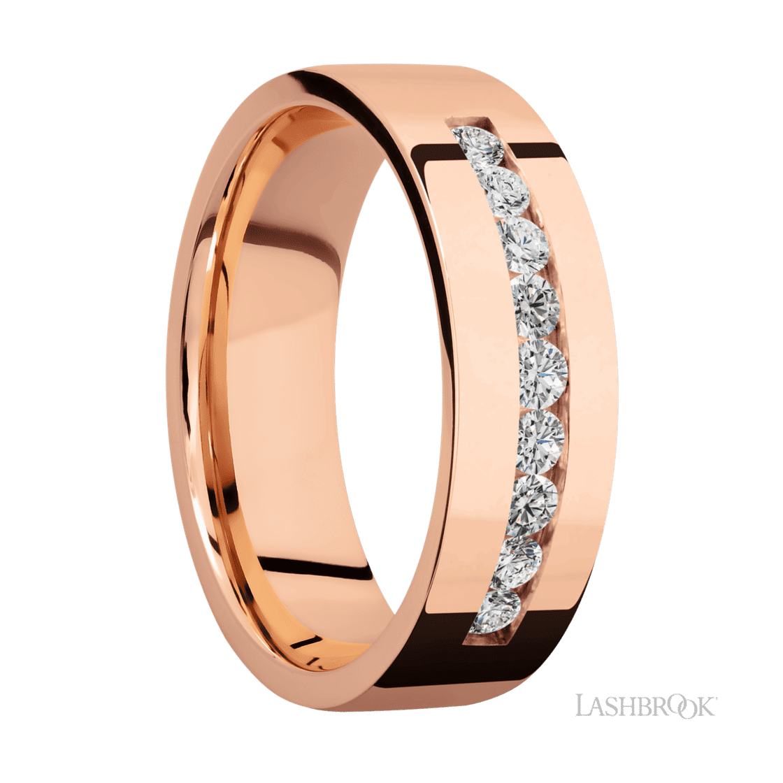 7 mm wide/Flat/14K Rose Gold band with an arrangement of 9, .05 carat Round Diamond stones in a Channel setting.-Wedding Band-Lashbrook Designs-I don' know or see my size-hurdles-jewelry-boulder-colorado