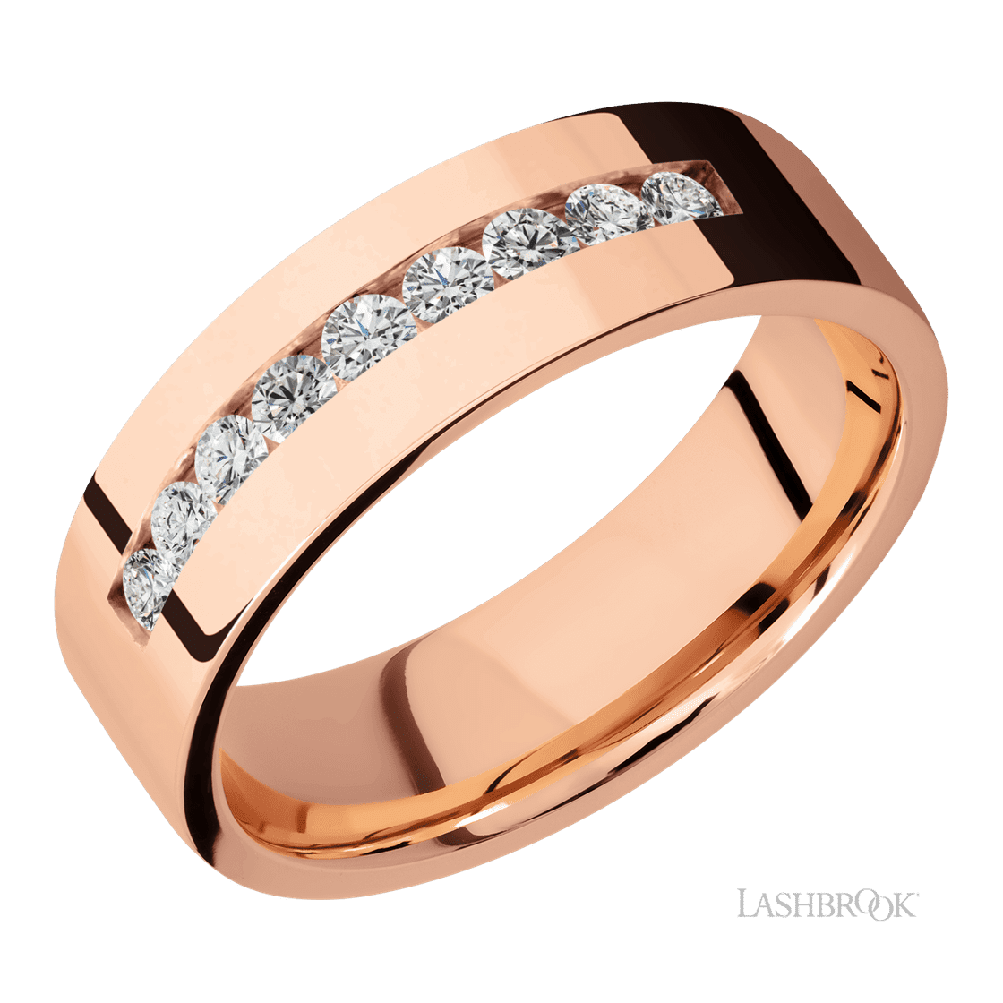 7 mm wide/Flat/14K Rose Gold band with an arrangement of 9, .05 carat Round Diamond stones in a Channel setting.-Wedding Band-Lashbrook Designs-I don' know or see my size-hurdles-jewelry-boulder-colorado