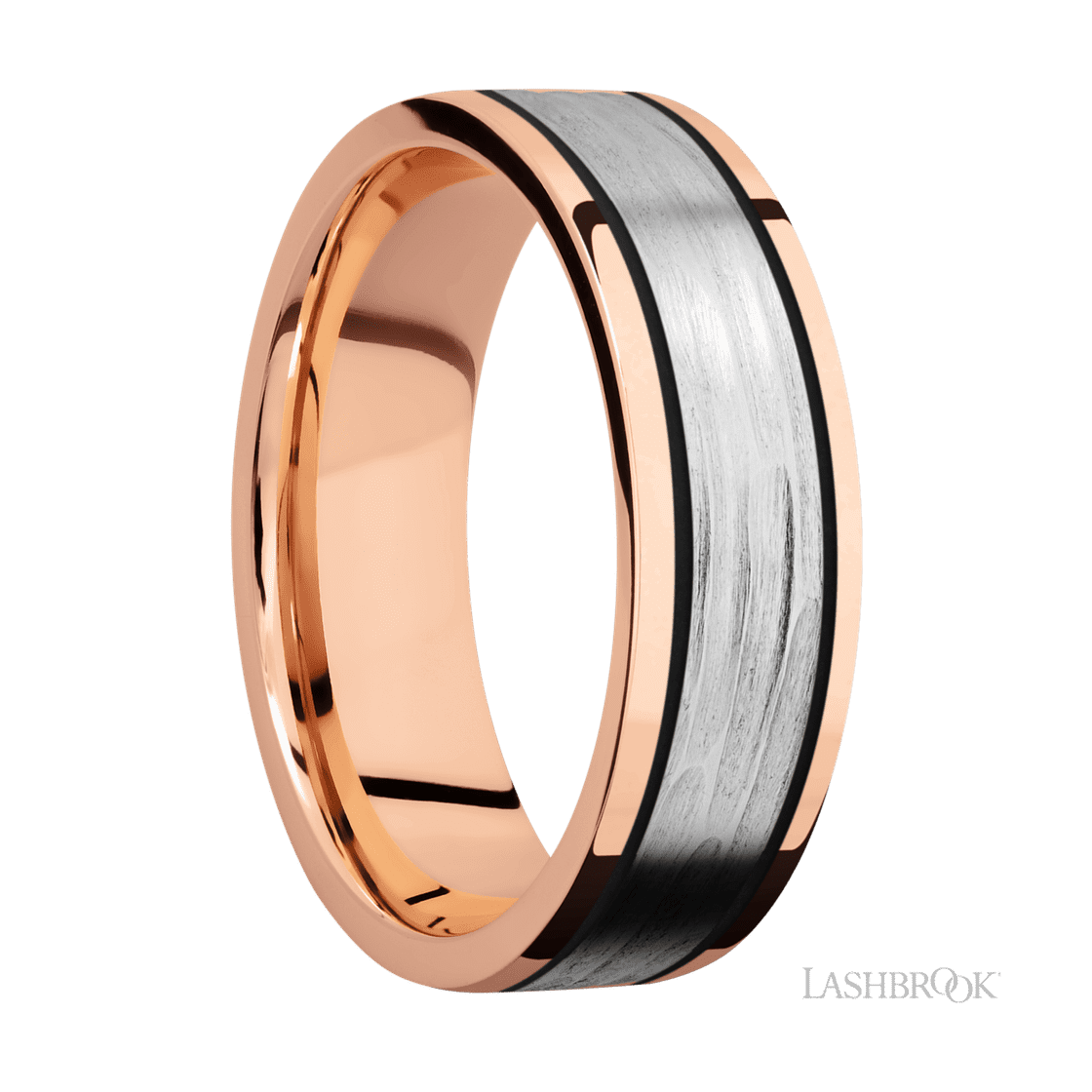 7 mm wide/Flat/14K Rose Gold band with one 4 mm Centered inlay of 14K White Gold.-Wedding Band-Lashbrook Designs-I don' know or see my size-hurdles-jewelry-boulder-colorado
