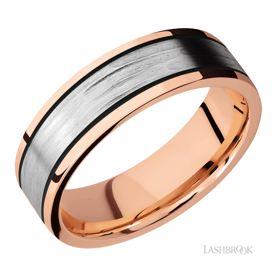 7 mm wide/Flat/14K Rose Gold band with one 4 mm Centered inlay of 14K White Gold.-Wedding Band-Lashbrook Designs-I don' know or see my size-hurdles-jewelry-boulder-colorado