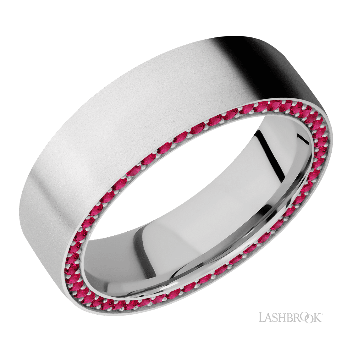 7 mm wide/Flat/14K White Gold band with a Side Eternity arrangement of .01 carat Round Ruby stones in a Bead Channel setting.-Wedding Band-Lashbrook Designs-I don' know or see my size-hurdles-jewelry-boulder-colorado