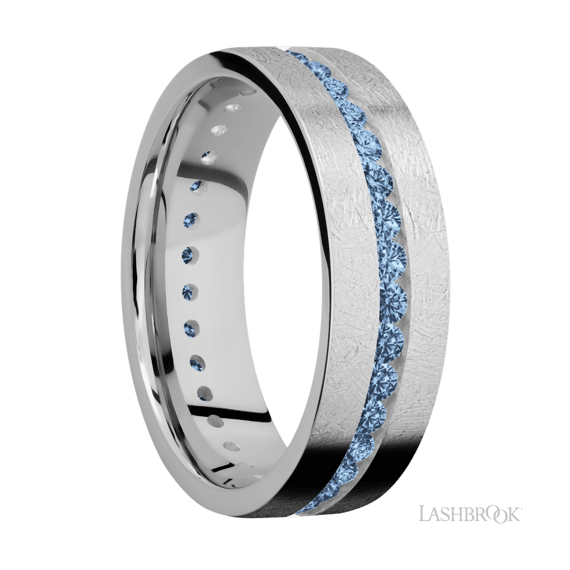 7 mm wide/Flat/14K White Gold band with an Eternity arrangement of .03 carat Round Denim Sapphire stones in a Channel setting.-Wedding Band-Lashbrook Designs-I don' know or see my size-hurdles-jewelry-boulder-colorado