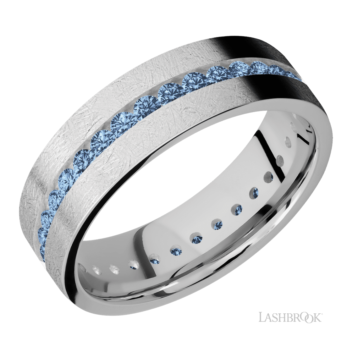 7 mm wide/Flat/14K White Gold band with an Eternity arrangement of .03 carat Round Denim Sapphire stones in a Channel setting.-Wedding Band-Lashbrook Designs-I don' know or see my size-hurdles-jewelry-boulder-colorado