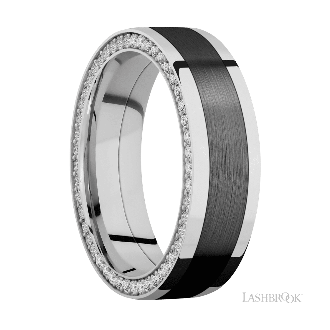 7 mm wide/Flat/14K White Gold band with one 4 mm Centered inlay of Zirconium and featuring a Side Eternity arrangement of .01 carat Round Diamond stones in a Bead Channel setting-Wedding Band-Lashbrook Designs-I don' know or see my size-hurdles-jewelry-boulder-colorado