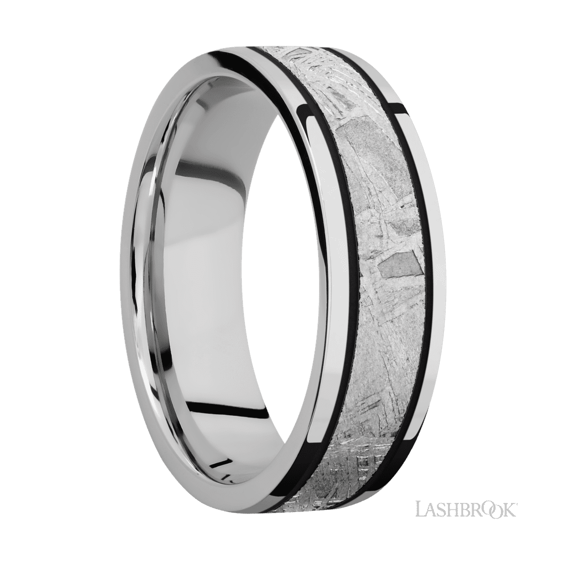 7 mm wide/Flat/Cobalt Chrome band with one 4 mm Centered inlay of Meteorite.-Wedding Band-Lashbrook Designs-I don' know or see my size-hurdles-jewelry-boulder-colorado