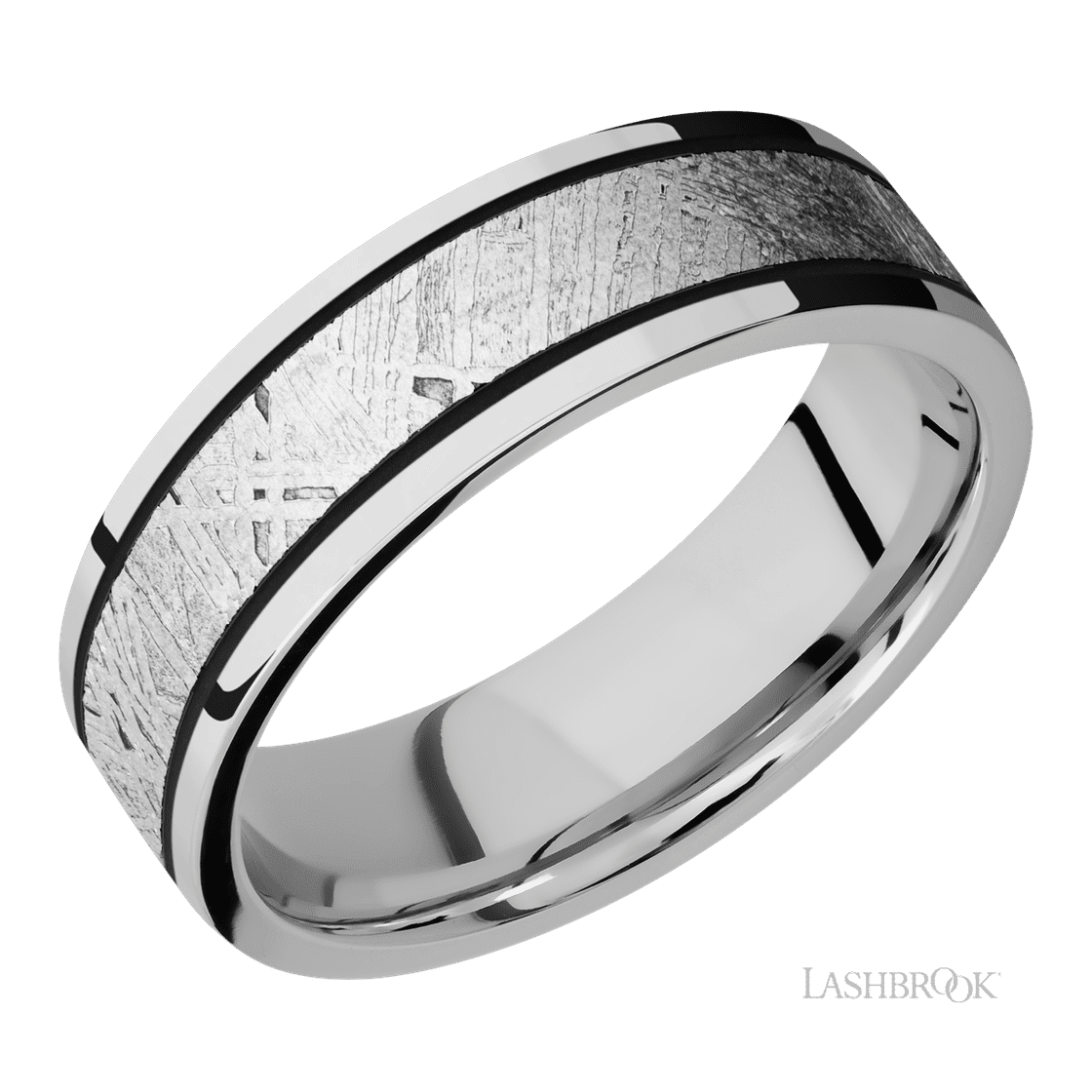 7 mm wide/Flat/Cobalt Chrome band with one 4 mm Centered inlay of Meteorite.-Wedding Band-Lashbrook Designs-I don' know or see my size-hurdles-jewelry-boulder-colorado