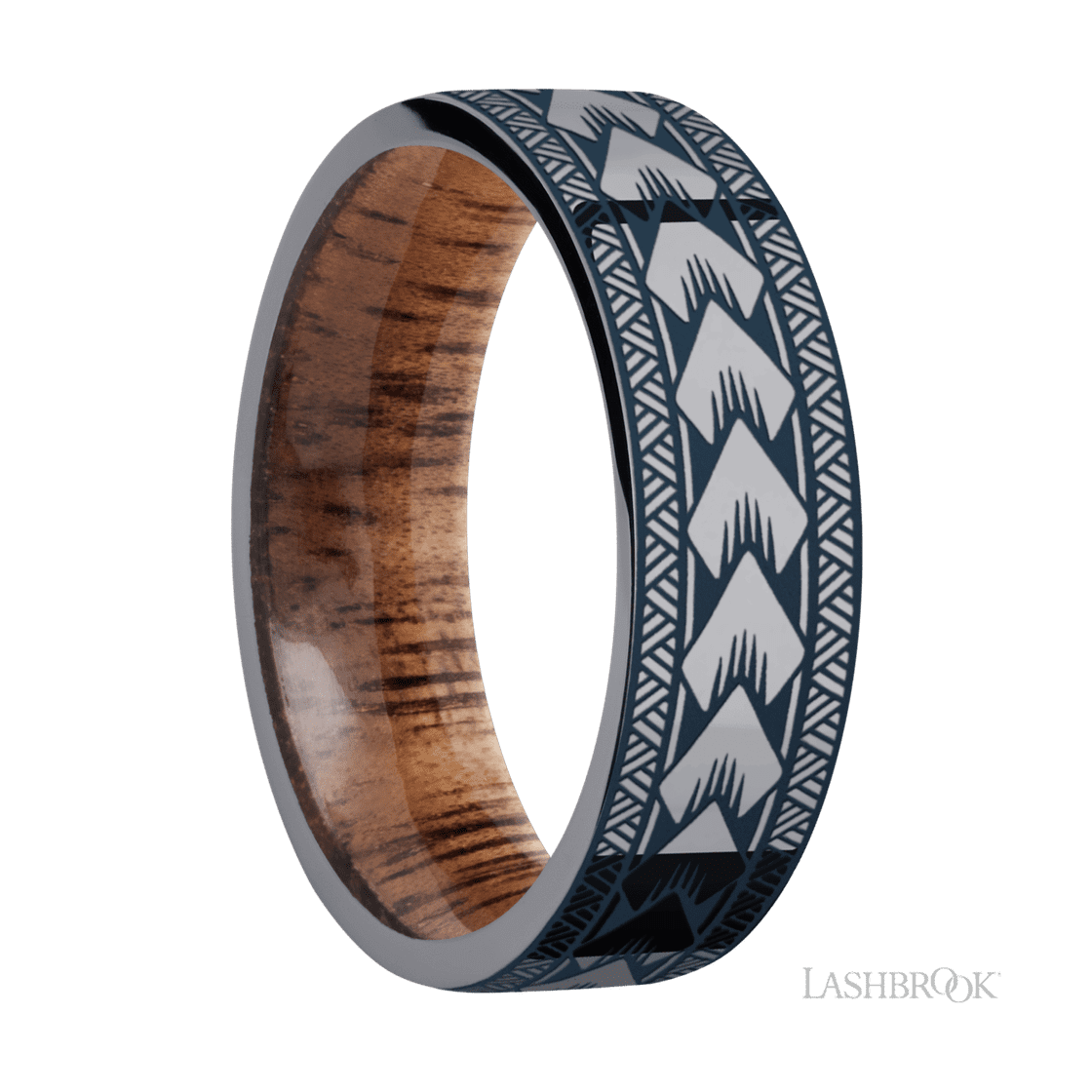 7 mm wide/Flat/Tantalum band with a laser carved Maori pattern also featuring a Koa sleeve.-Wedding Band-Lashbrook Designs-I don' know or see my size-hurdles-jewelry-boulder-colorado