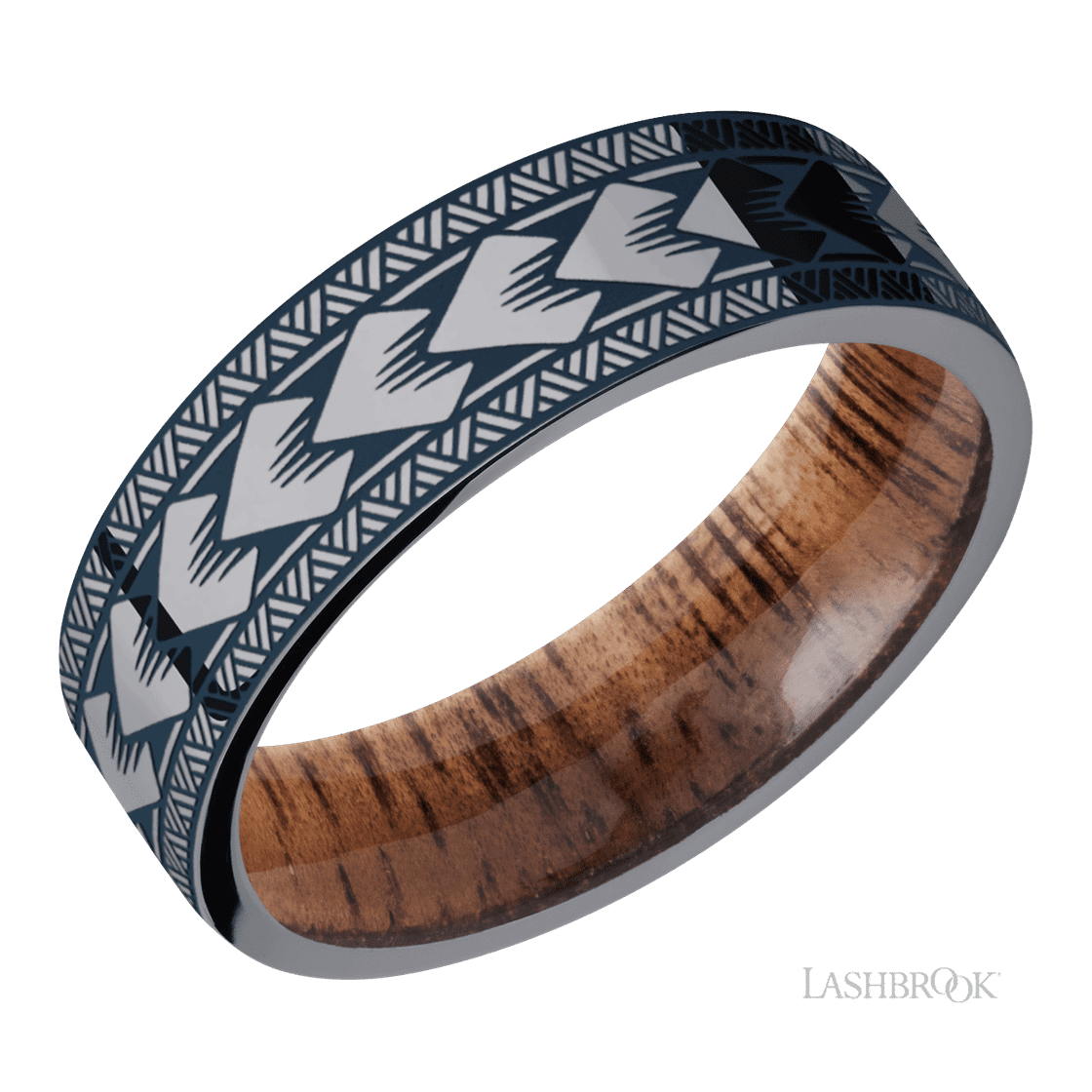 7 mm wide/Flat/Tantalum band with a laser carved Maori pattern also featuring a Koa sleeve.-Wedding Band-Lashbrook Designs-I don' know or see my size-hurdles-jewelry-boulder-colorado