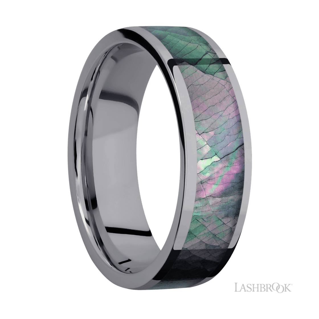 7 mm wide/Flat/Tantalum band with one 5 mm Centered inlay of Black Mother of Pearl.-Wedding Band-Lashbrook Designs-I don' know or see my size-hurdles-jewelry-boulder-colorado
