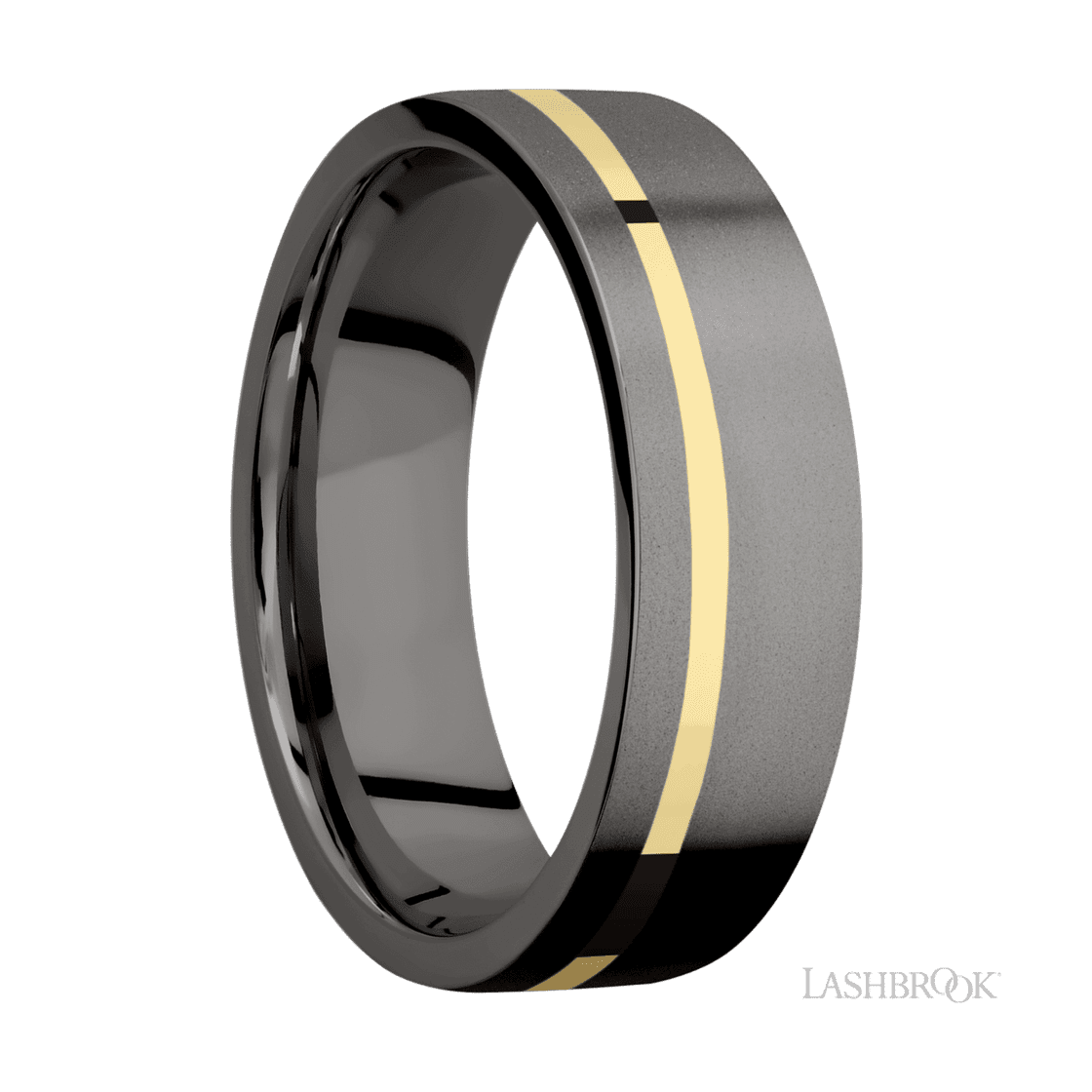 7 mm wide/Flat/Tantalum Noir band with one 1 mm Off Center inlay of 14K Yellow Gold.-Wedding Band-Lashbrook Designs-I don' know or see my size-hurdles-jewelry-boulder-colorado