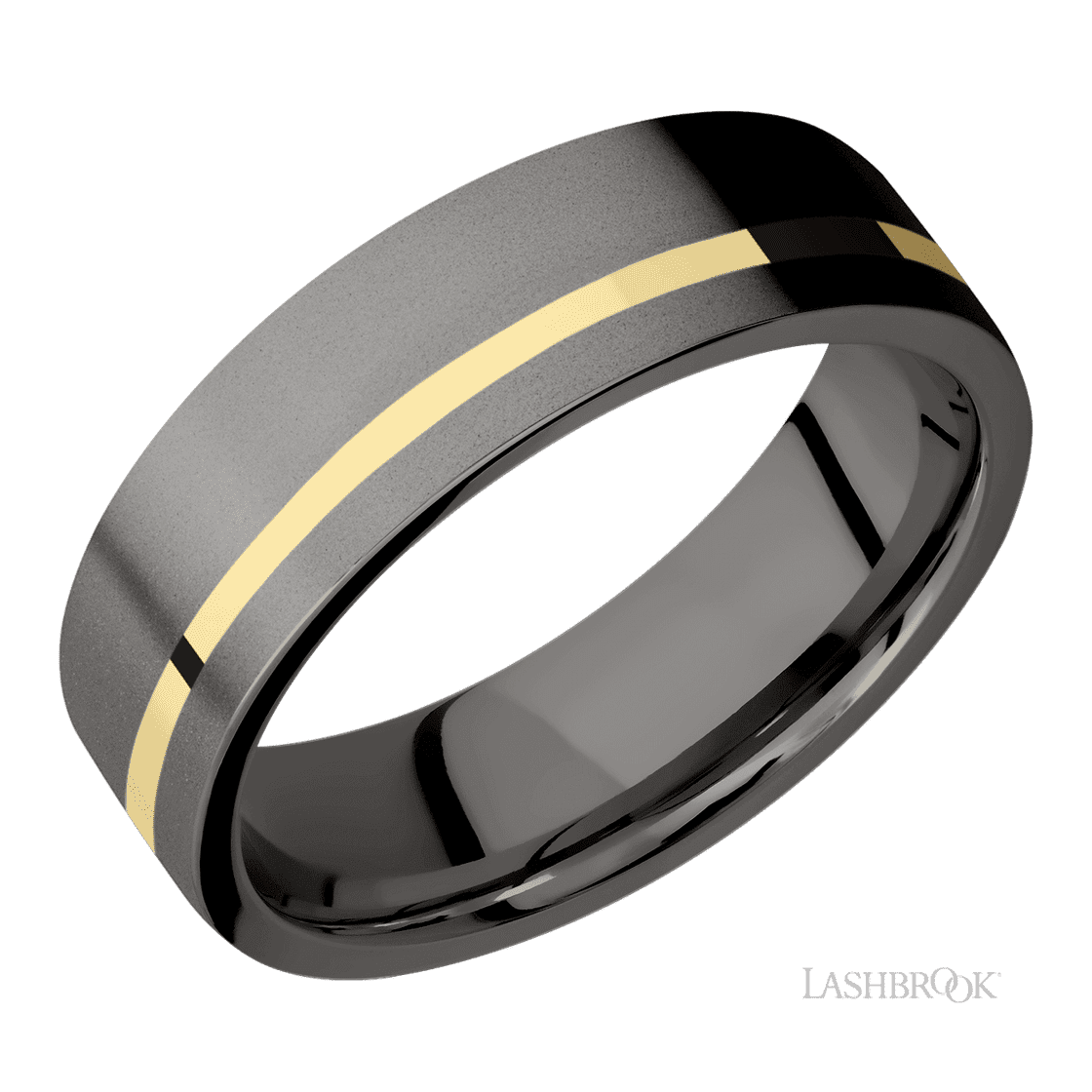 7 mm wide/Flat/Tantalum Noir band with one 1 mm Off Center inlay of 14K Yellow Gold.-Wedding Band-Lashbrook Designs-I don' know or see my size-hurdles-jewelry-boulder-colorado