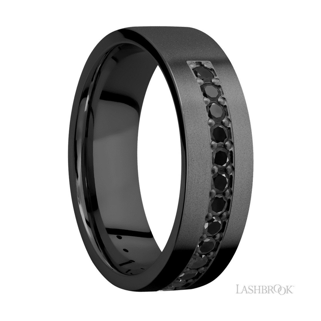 7 mm wide/Flat/Zirconium band with a Half Eternity arrangement of .03 carat Round Black Diamond stones in a Bead setting.-Wedding Band-Lashbrook Designs-I don' know or see my size-hurdles-jewelry-boulder-colorado