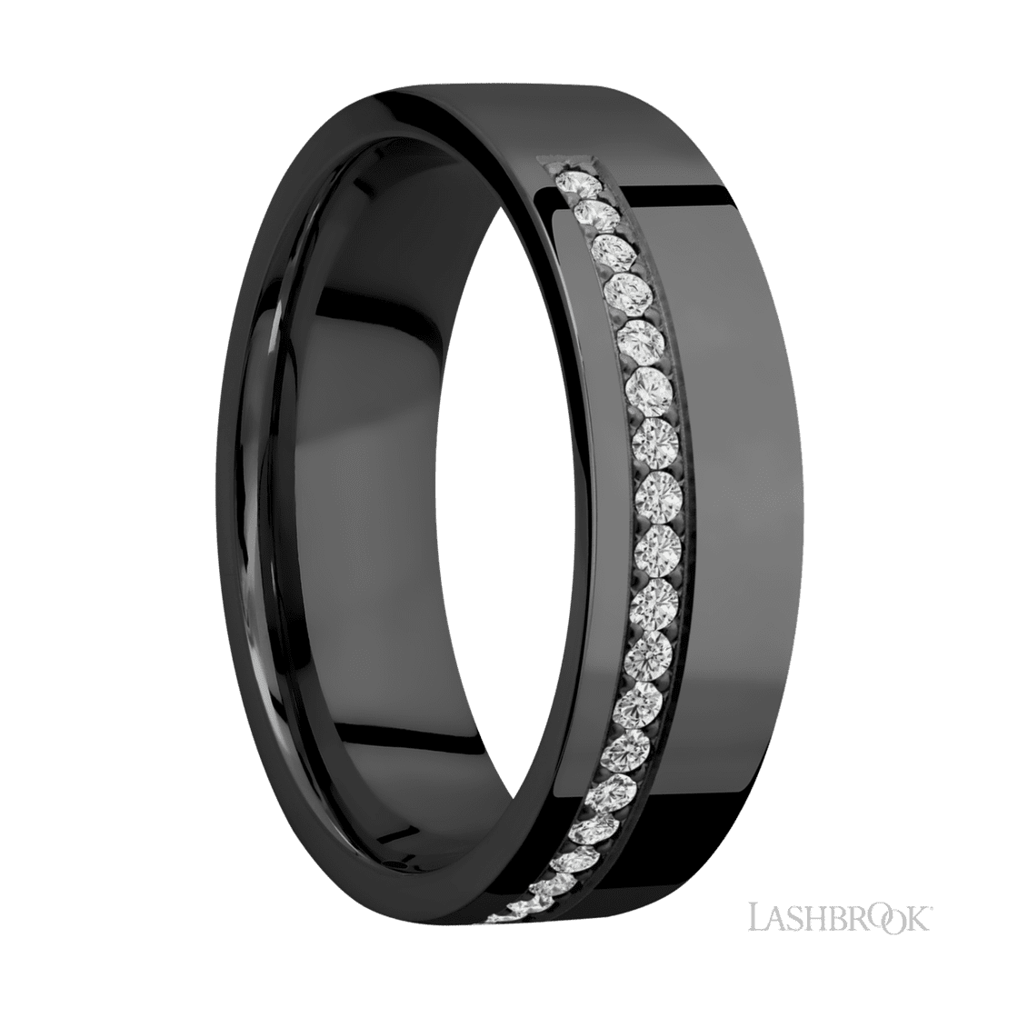 7 mm wide/Flat/Zirconium band with a Off Center Half Eternity arrangement of .015 carat Round Diamond stones in a Bead setting.-Wedding Band-Lashbrook Designs-I don' know or see my size-hurdles-jewelry-boulder-colorado