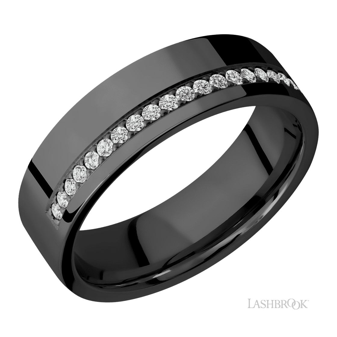 7 mm wide/Flat/Zirconium band with a Off Center Half Eternity arrangement of .015 carat Round Diamond stones in a Bead setting.-Wedding Band-Lashbrook Designs-I don' know or see my size-hurdles-jewelry-boulder-colorado