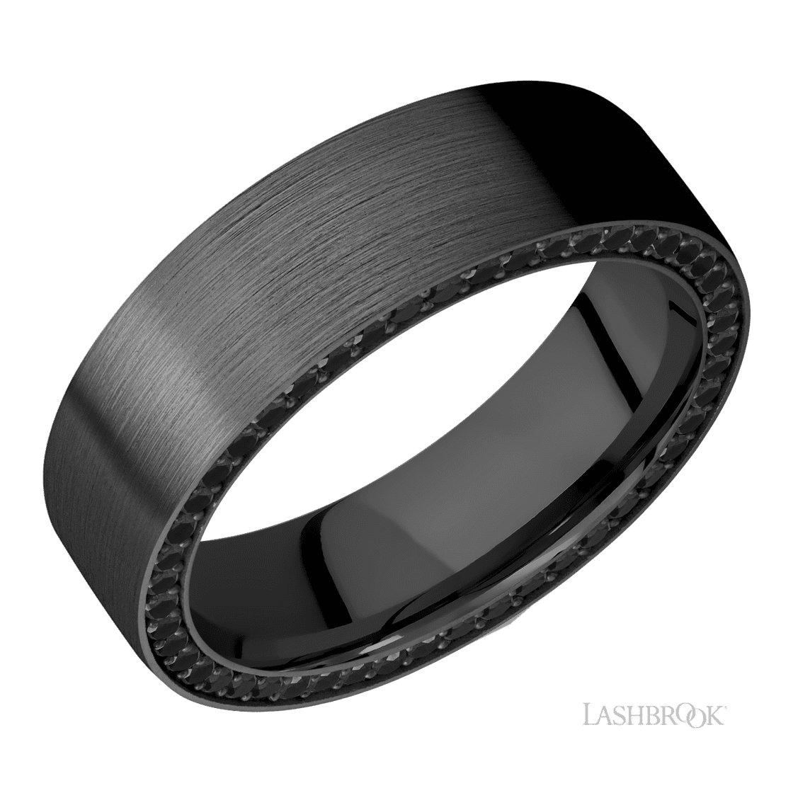 7 mm wide/Flat/Zirconium band with a Side Eternity arrangement of .01 carat Round Black Diamond stones in a Bead setting.-Wedding Band-Lashbrook Designs-I don' know or see my size-hurdles-jewelry-boulder-colorado