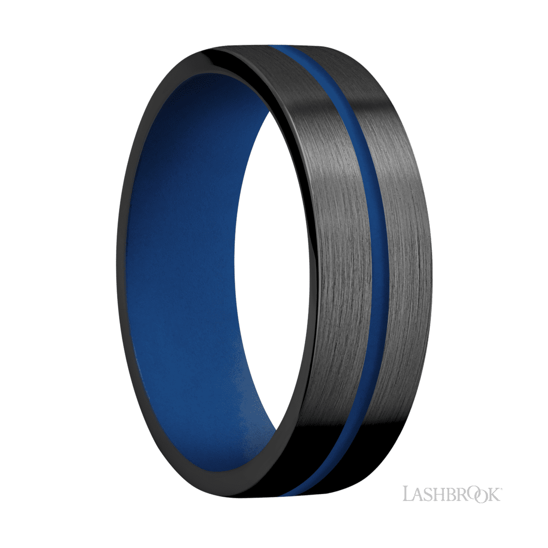 7 mm wide/Flat/Zirconium band with one 1 mm Centered inlay of Royal Blue also featuring a Royal Blue sleeve.-Wedding Band-Lashbrook Designs-I don' know or see my size-hurdles-jewelry-boulder-colorado