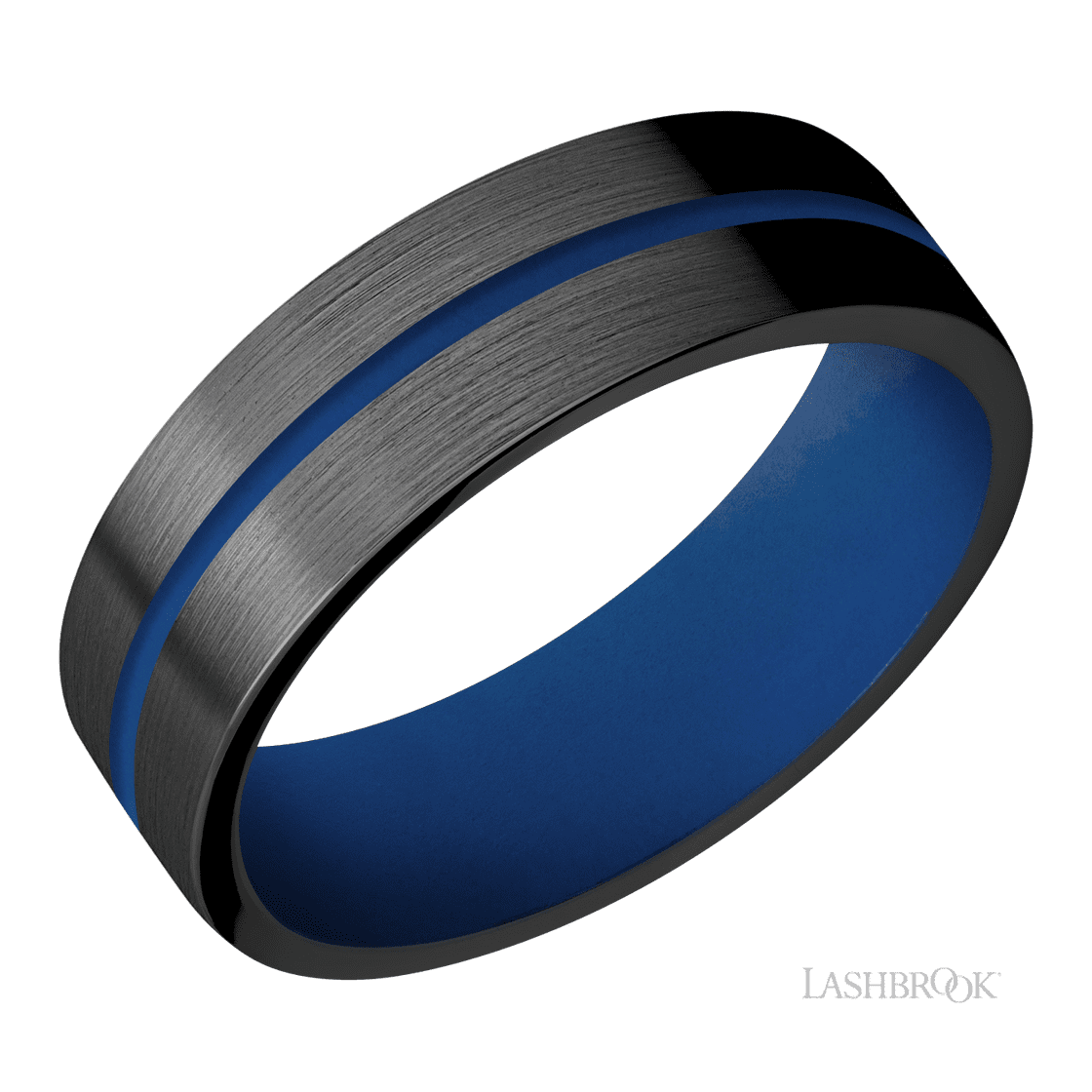 7 mm wide/Flat/Zirconium band with one 1 mm Centered inlay of Royal Blue also featuring a Royal Blue sleeve.-Wedding Band-Lashbrook Designs-I don' know or see my size-hurdles-jewelry-boulder-colorado