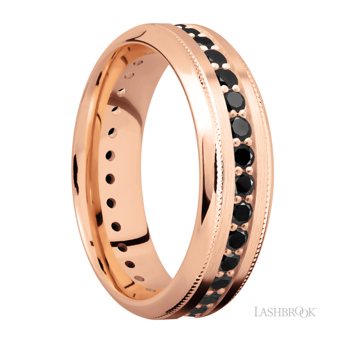 7 mm wide/High Bevel Milgrain/14K Rose Gold band with an Eternity arrangement of .03 carat Round Black Diamond stones in a Bead Channel setting.-Wedding Band-Lashbrook Designs-I don' know or see my size-hurdles-jewelry-boulder-colorado