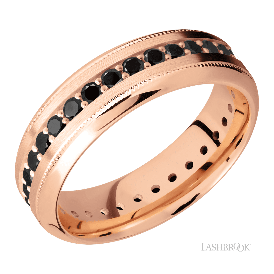 7 mm wide/High Bevel Milgrain/14K Rose Gold band with an Eternity arrangement of .03 carat Round Black Diamond stones in a Bead Channel setting.-Wedding Band-Lashbrook Designs-I don' know or see my size-hurdles-jewelry-boulder-colorado